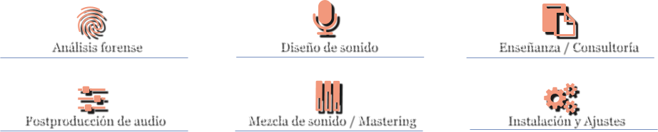 Postproducción de audio Instalación y Ajustes Análisis forense Diseño de sonido Mezcla de sonido / Mastering Enseñanza / Consultoría  