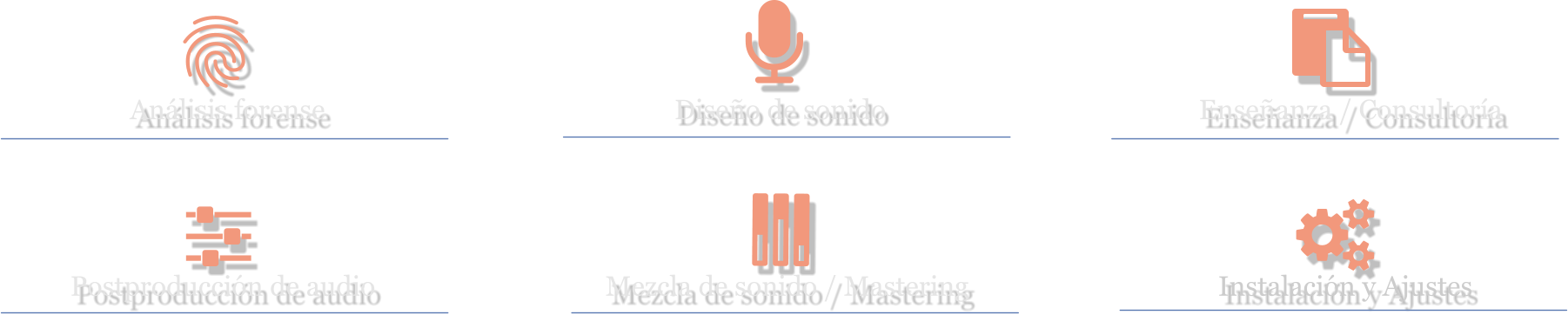 Postproducción de audio Instalación y Ajustes Análisis forense Diseño de sonido Mezcla de sonido / Mastering Enseñanza / Consultoría  